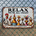 Relax Were All Crazy Tin Sign Funny Chicken Metal Wall Art Farmhouse Room Decor