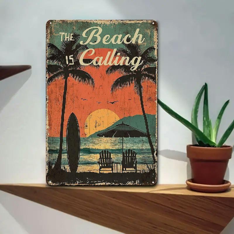 The Beach Is Calling Tin Sign Vintage Metal Tropical Surfboard Wall Decor Gift