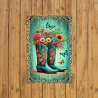 Floral Cowboy Boots Metal Sign - Retro Western Country Tin Wall Decor Plaque