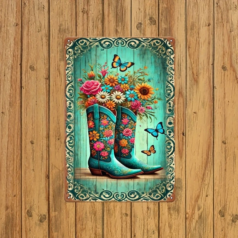 Floral Cowboy Boots Metal Sign - Retro Western Country Tin Wall Decor Plaque