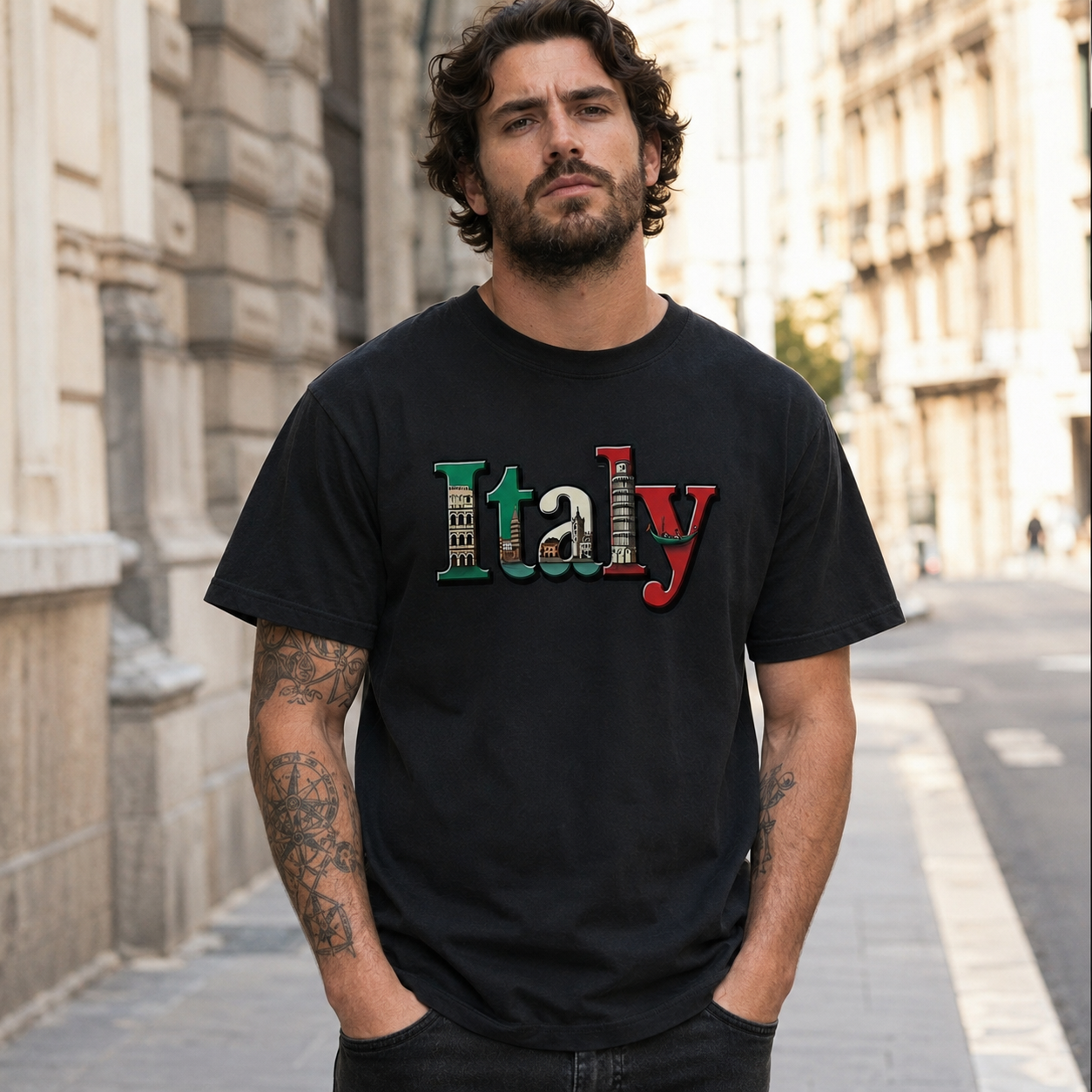 Mens Italian Pride T Shirt Italy Map Flag Pisa Tower Colosseum Graphic Tee