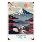Classic Japan Travel Tin Sign - Mt Fuji and Temple Wall Art Metal Poster