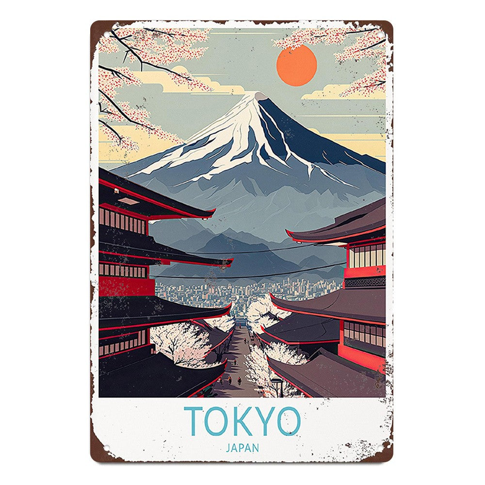 Classic Japan Travel Tin Sign - Mt Fuji and Temple Wall Art Metal Poster