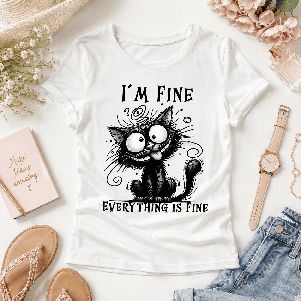 I'm Fine Everything is Fine Cat T-Shirt | Funny Stressed Kitten Graphic Tee
