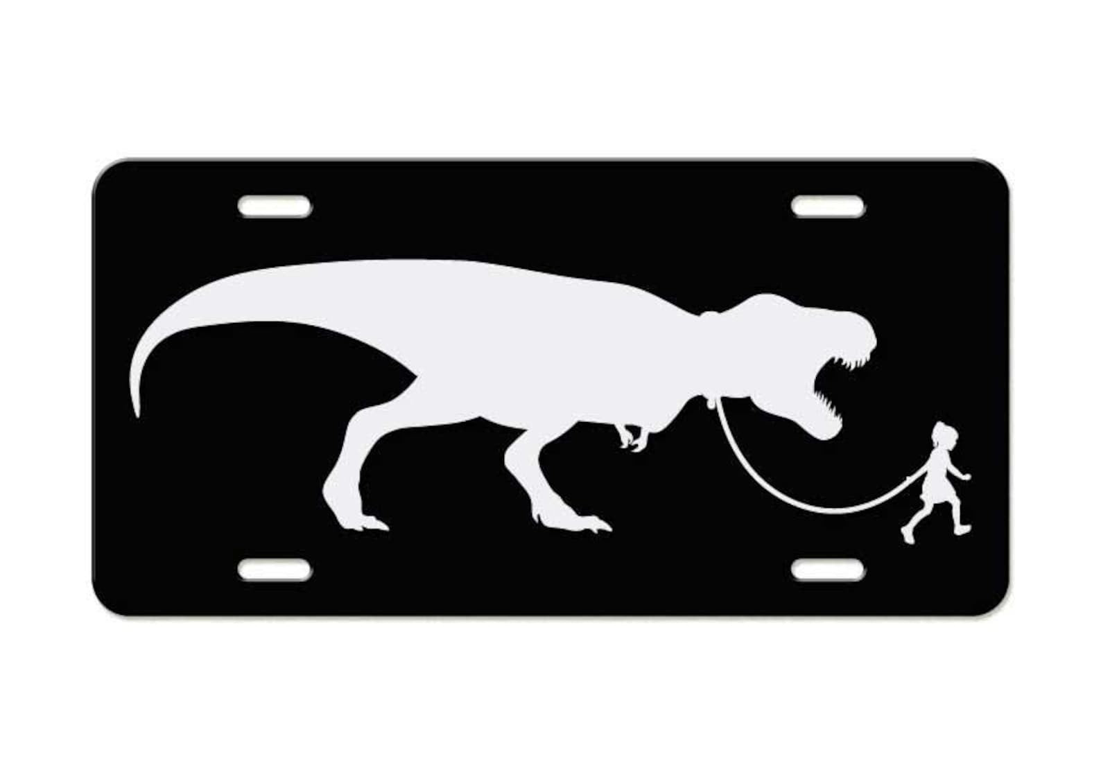 Little Girl Walking T-Rex Dinosaur License Plate Funny Metal Car Tag Decor
