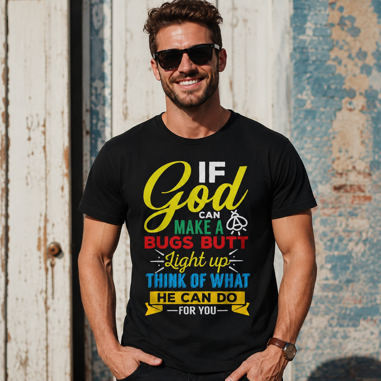 If God Can Make a Bug Christian Faith Graphic Men’s T-Shirt Funny Religious Tee