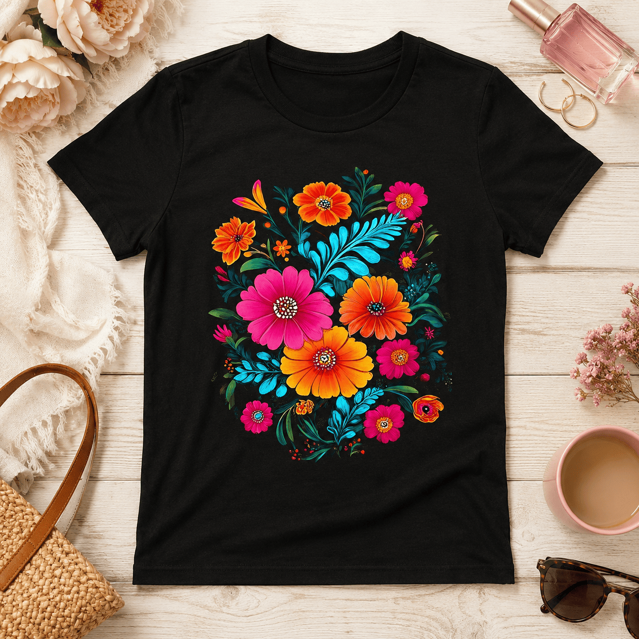 Women Mexican Floral Print T-Shirt Turquoise Hibiscus Casual Summer Crew Neck