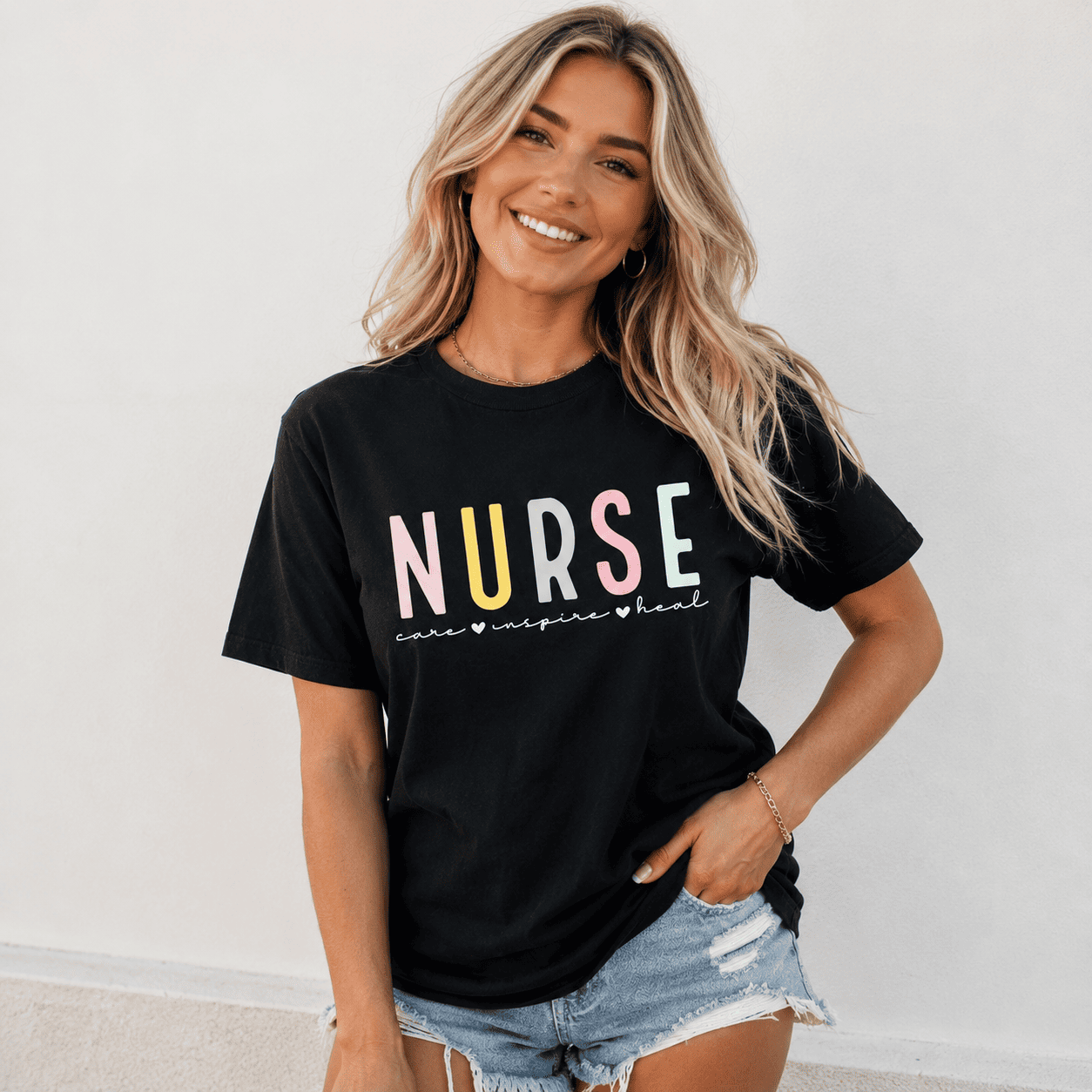 Nurse Care Inspire Heal Graphic Tee - Cute Pastel Nursing Gift T-Shirt