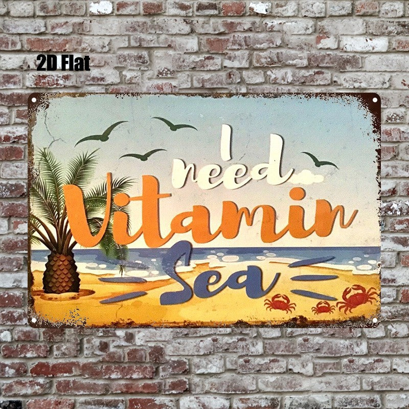 Coastal Tin Sign - "Vitamin Sea" Beach Vibe Metal Poster for Wall Decor