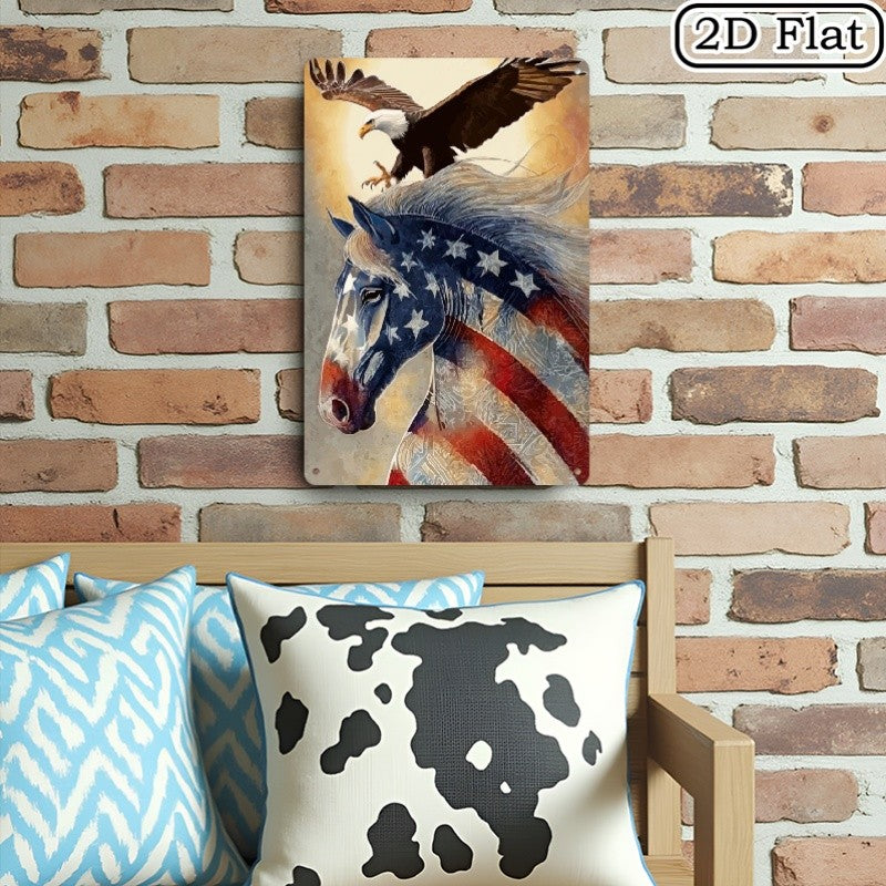 Patriotic Horse & Eagle Metal Sign - American Flag Tin Wall Art Decor