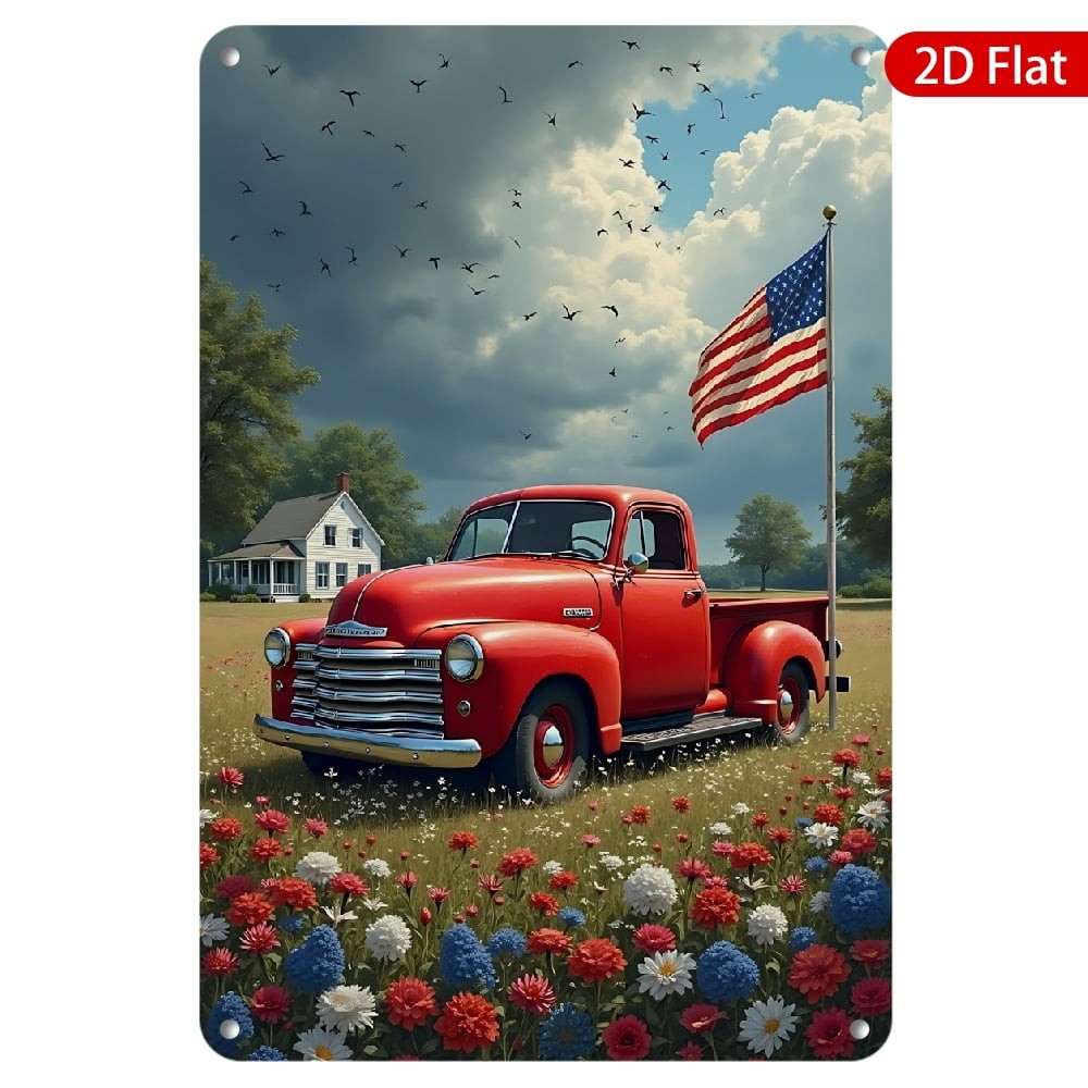 Retro Patriotic Red Truck Metal Sign Vintage USA Flag Meadow Cottage Wall Decor