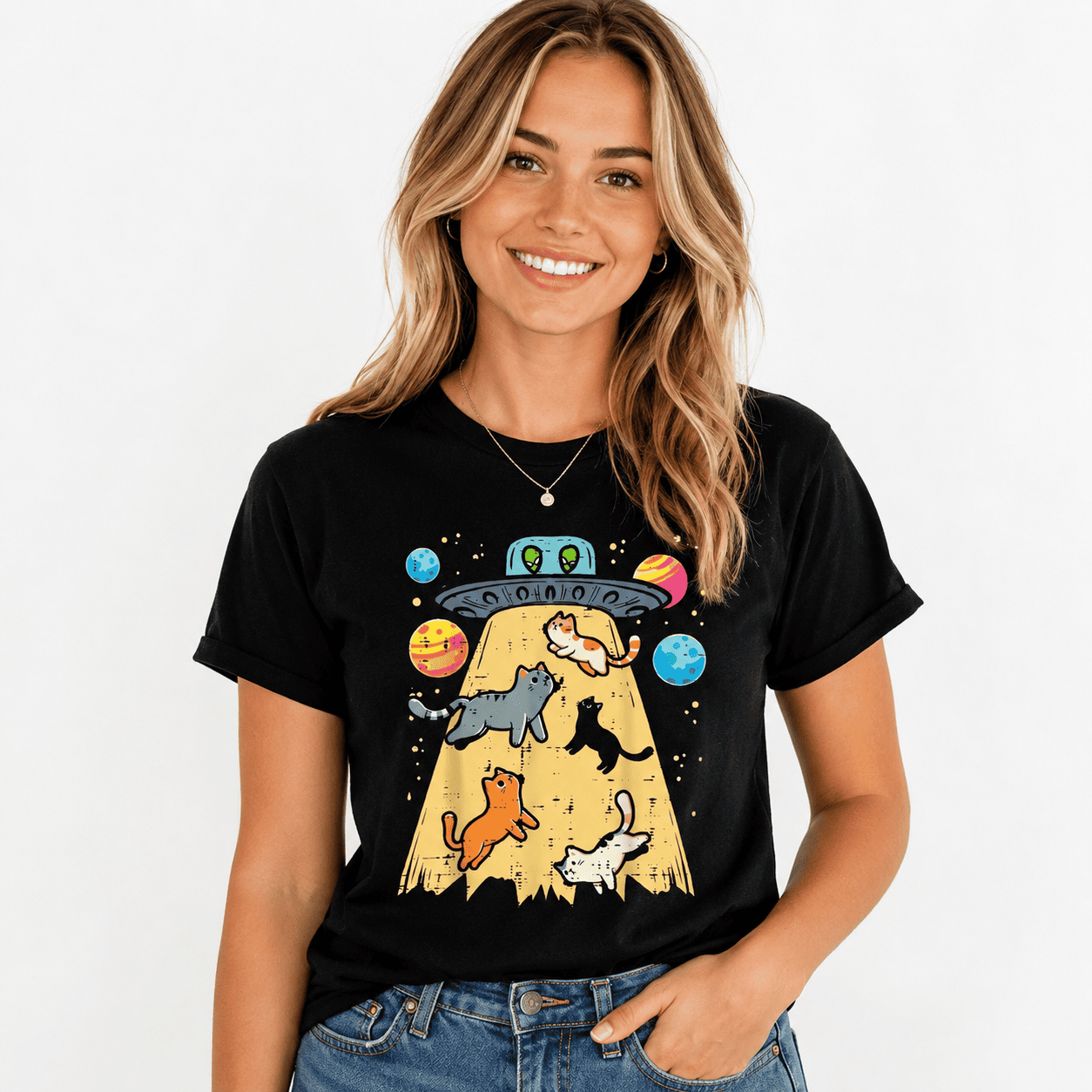 Women's Alien Cat UFO Abduction Graphic T-Shirt Retro Space Funny Tee Top