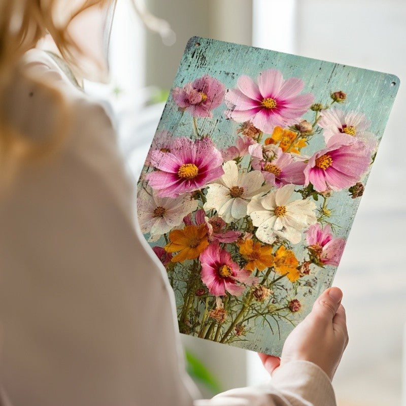 Cottagecore Meadow Flower Tin Sign - Shabby Chic Pastel Garden Metal Poster