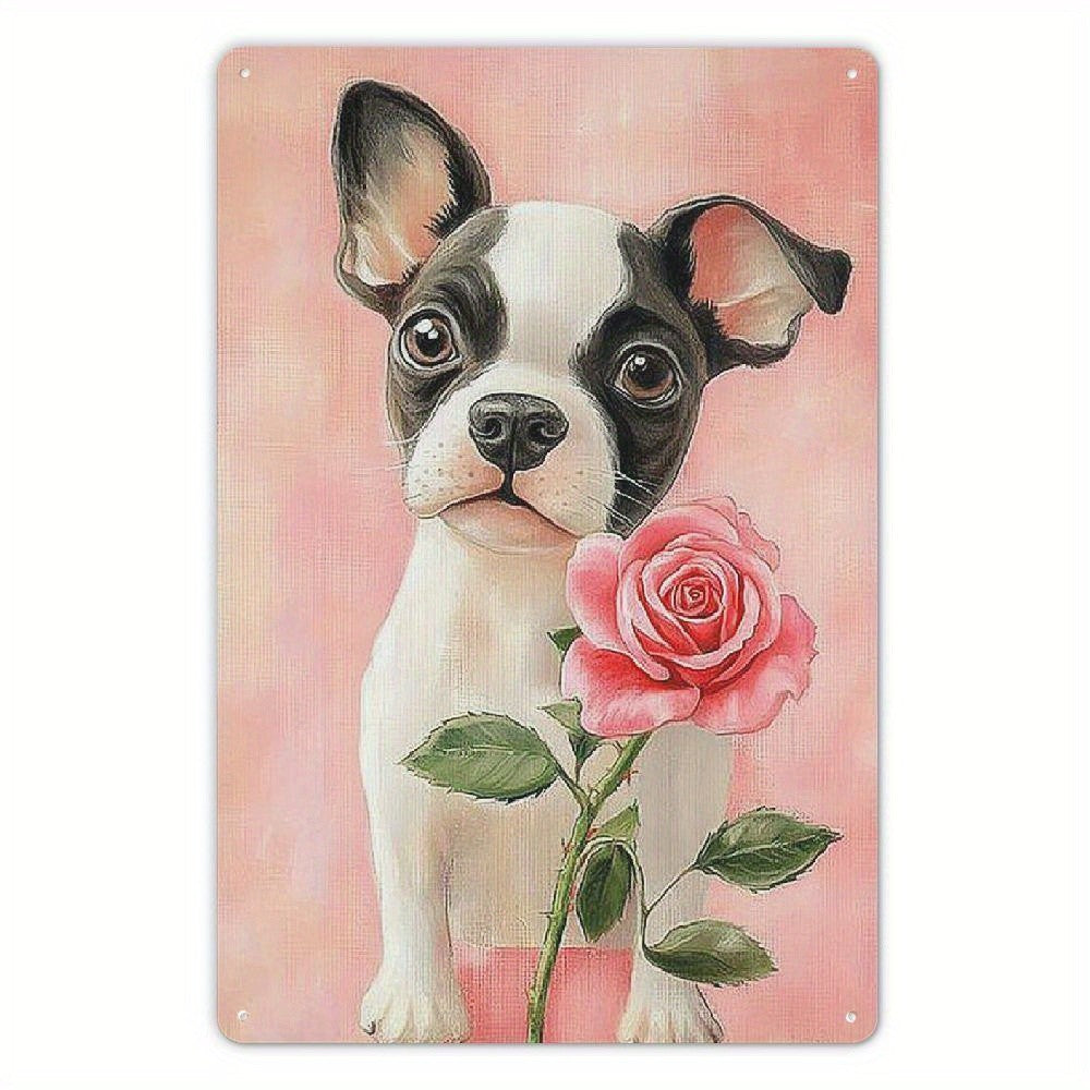 Cute Boston Terrier Metal Sign - Retro French Bulldog Pink Rose Tin Decor