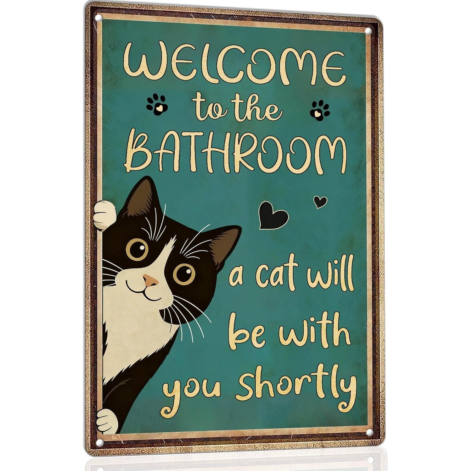 Welcome To The Bathroom Tin Sign Funny Tuxedo Cat Metal Sign Restroom Wall Decor