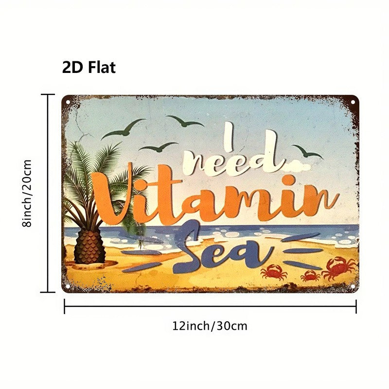 Coastal Tin Sign - "Vitamin Sea" Beach Vibe Metal Poster for Wall Decor