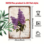 Rustic Floral Tin Sign - Purple Lilac Flower Metal Poster Wall Art Decor