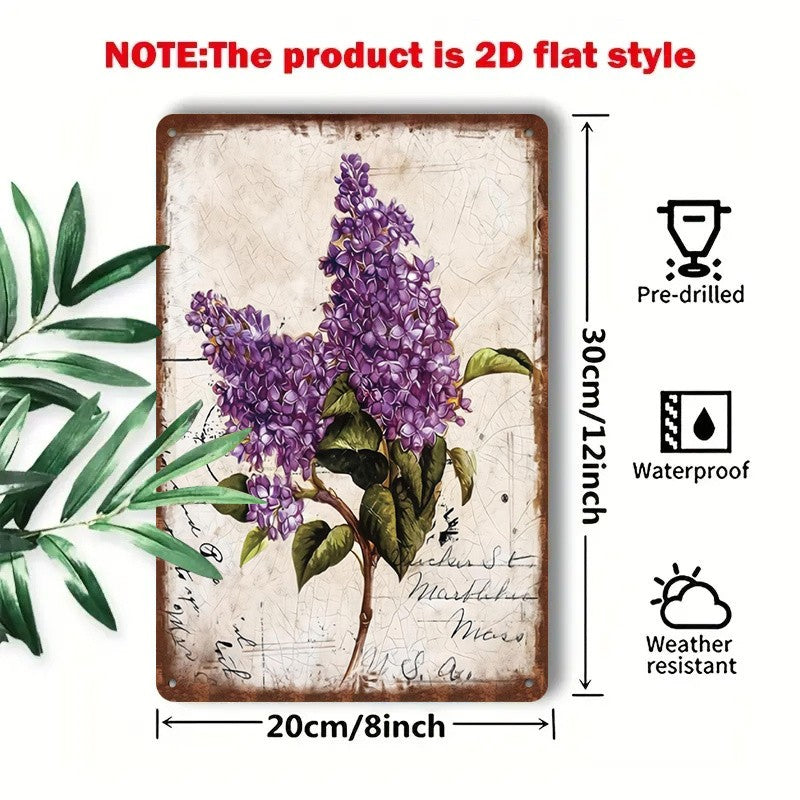 Rustic Floral Tin Sign - Purple Lilac Flower Metal Poster Wall Art Decor