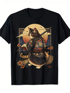 Black Cat Samurai Graphic T-Shirt Japanese Warrior Cat Tee