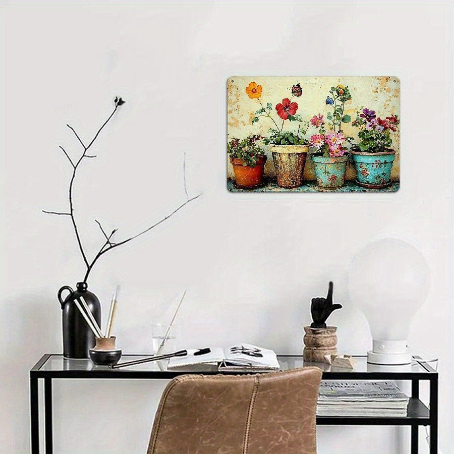 Rustic Potted Flowers Metal Sign - Retro Cottagecore Garden Wall Decor