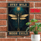 Stay Wild Moon Child Metal Sign - Artistic Dragonfly Tin Wall Decor Plaque