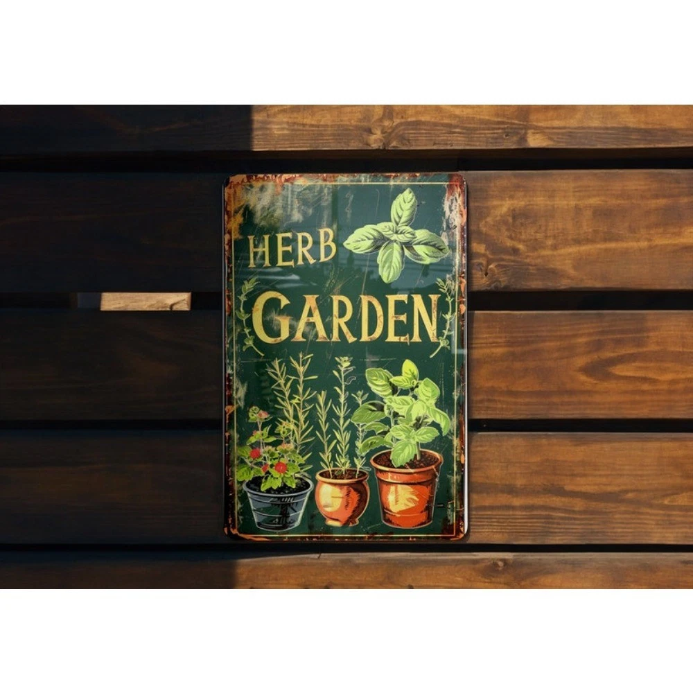 Herb Garden Tin Sign Vintage Metal Kitchen Sign Botanical Basil Pot Wall Decor