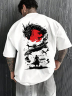 Japanese Dragon Samurai Graphic T-Shirt Red Sun Warrior Streetwear Tee