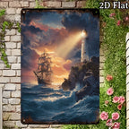 Lighthouse & Ship Metal Sign - Nautical Ocean Wall Art Tin Decor Plaque