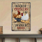 Funny Chicken Metal Sign - "Wicked Chickens" Deviled Eggs Tin Wall Decor