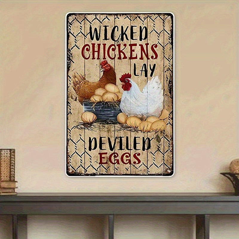 Funny Chicken Metal Sign - "Wicked Chickens" Deviled Eggs Tin Wall Decor