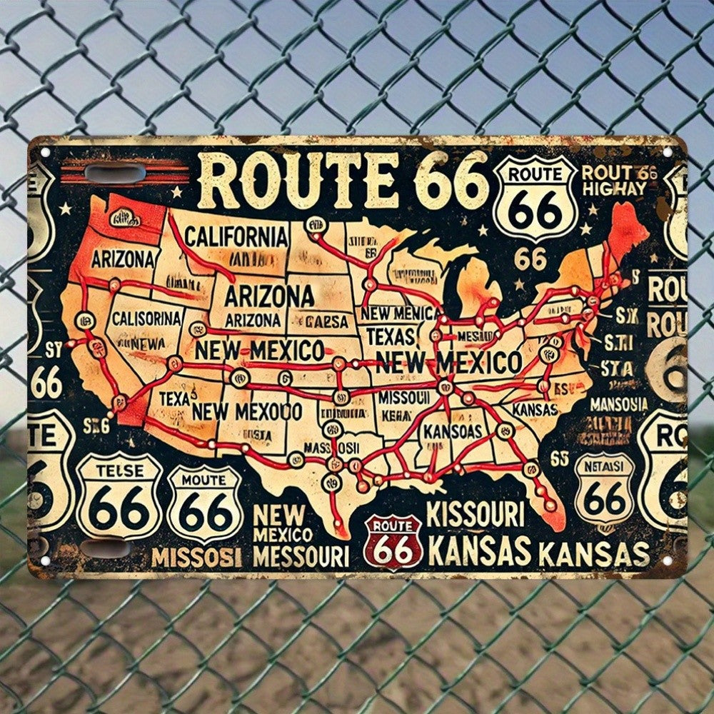 Route 66 Metal Sign - Vintage Style Map Decorative Tin Wall Art Plaque