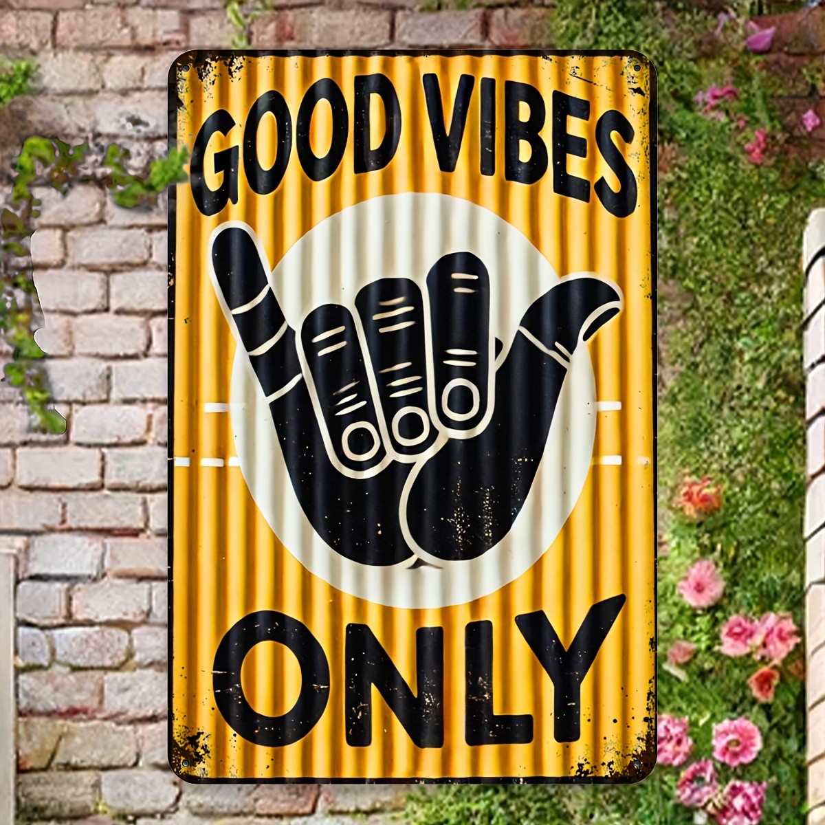 Good Vibes Only Shaka Hand Metal Tin Sign Retro Yellow Tiki Bar Wall Decor