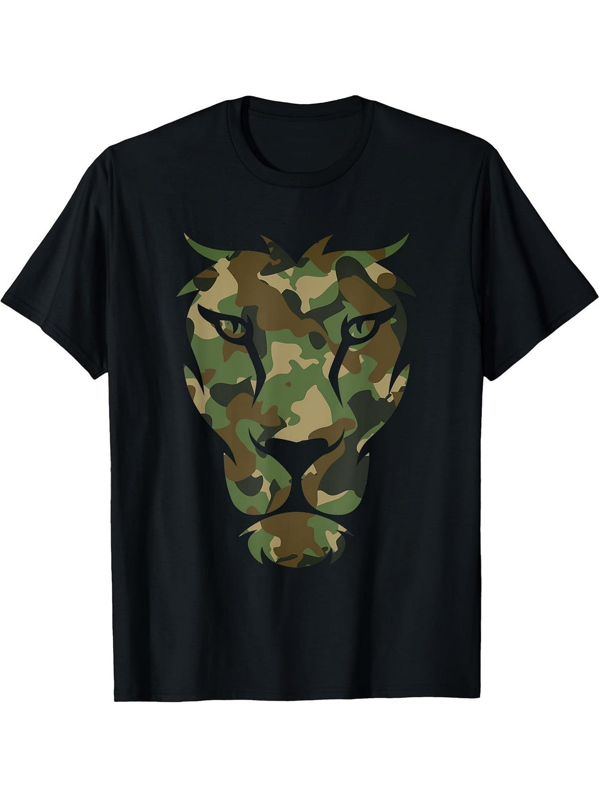 Camo Lion Head Graphic T-Shirt Military Camouflage Animal Print Tee