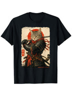 Samurai Cat Warrior Graphic T-Shirt Japanese Ukiyo Ink Art Tee