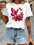Women Creative Floral Graphic T-Shirt Elegant Flower Casual Crew Neck Tee Top