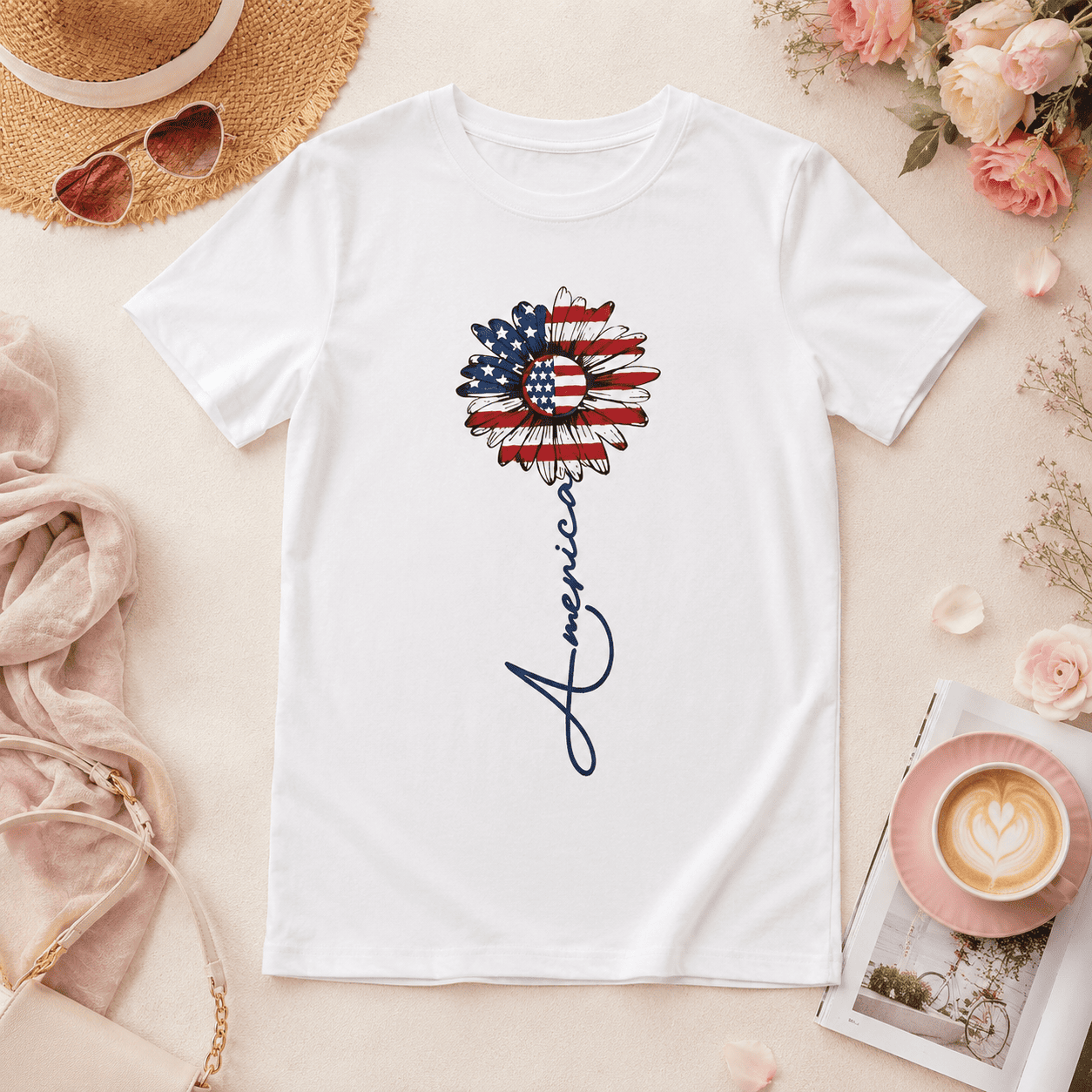 Patriotic USA Flag Sunflower Graphic Tee - America Script Floral Summer T-Shirt