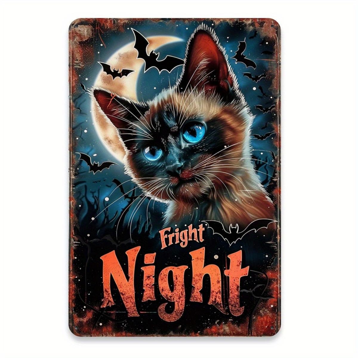 "Fright Night" Metal Sign - Halloween Cat Tin Wall Art Decor Plaque