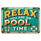 Relax Swimming Pool Metal Tin Sign - Rustic Beach House Patio Wall Art Decor