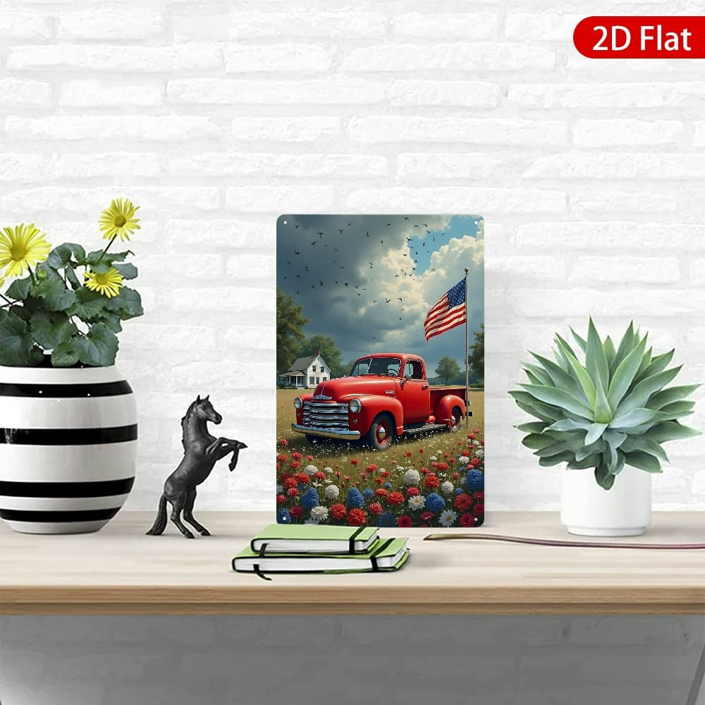 Retro Patriotic Red Truck Metal Sign Vintage USA Flag Meadow Cottage Wall Decor