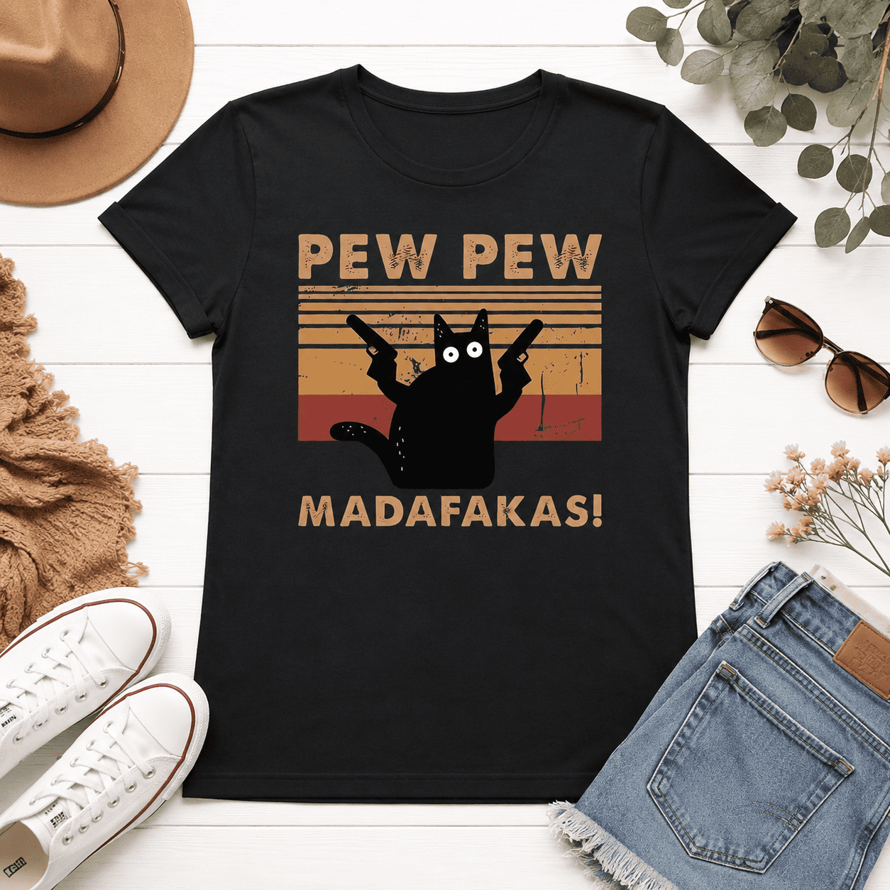 Pew Pew Madafakas Cat Shirt – Funny Black Cat Sunset Graphic Tee