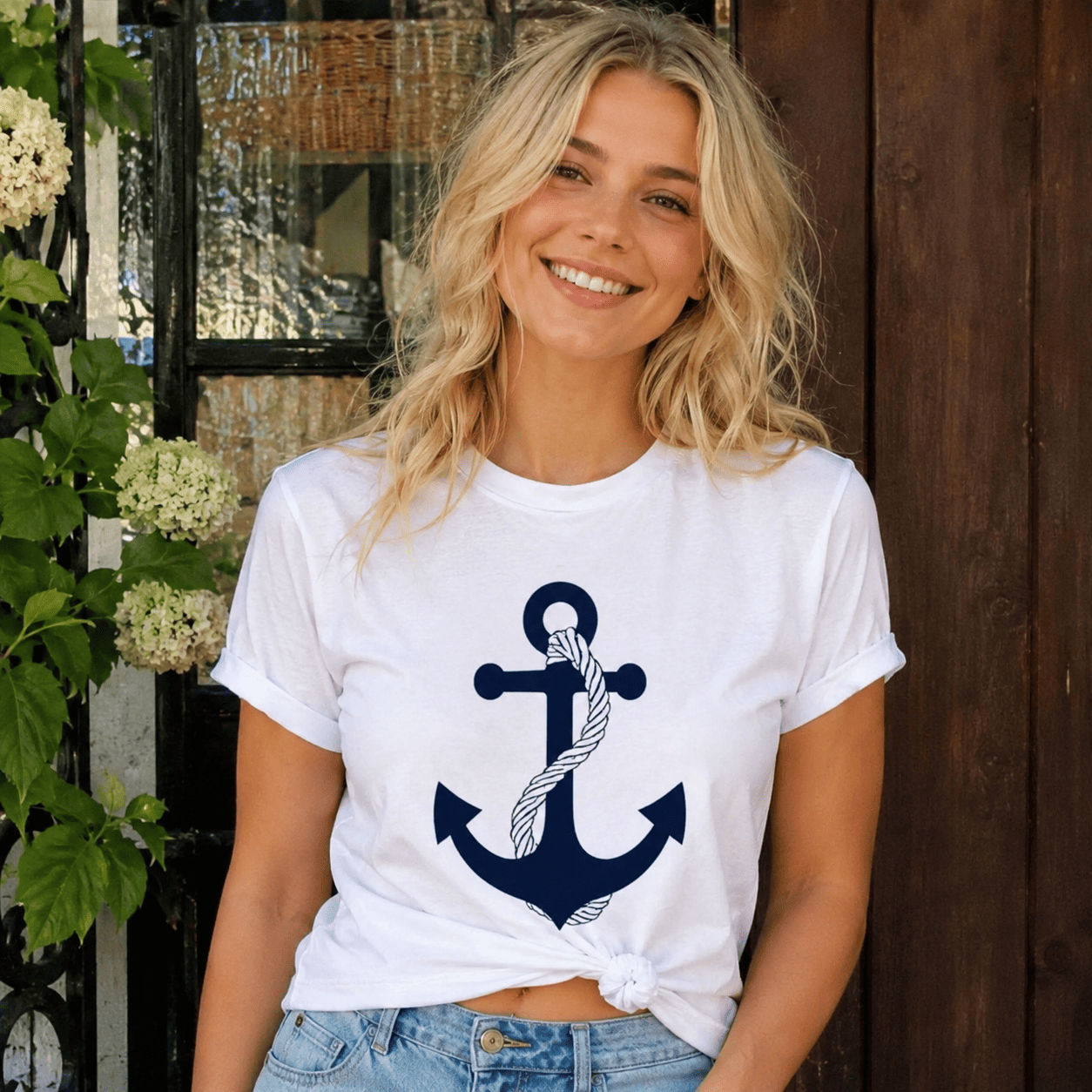 Women Anchor Graphic T-Shirt Nautical Print Casual Summer Crew Neck White Tee