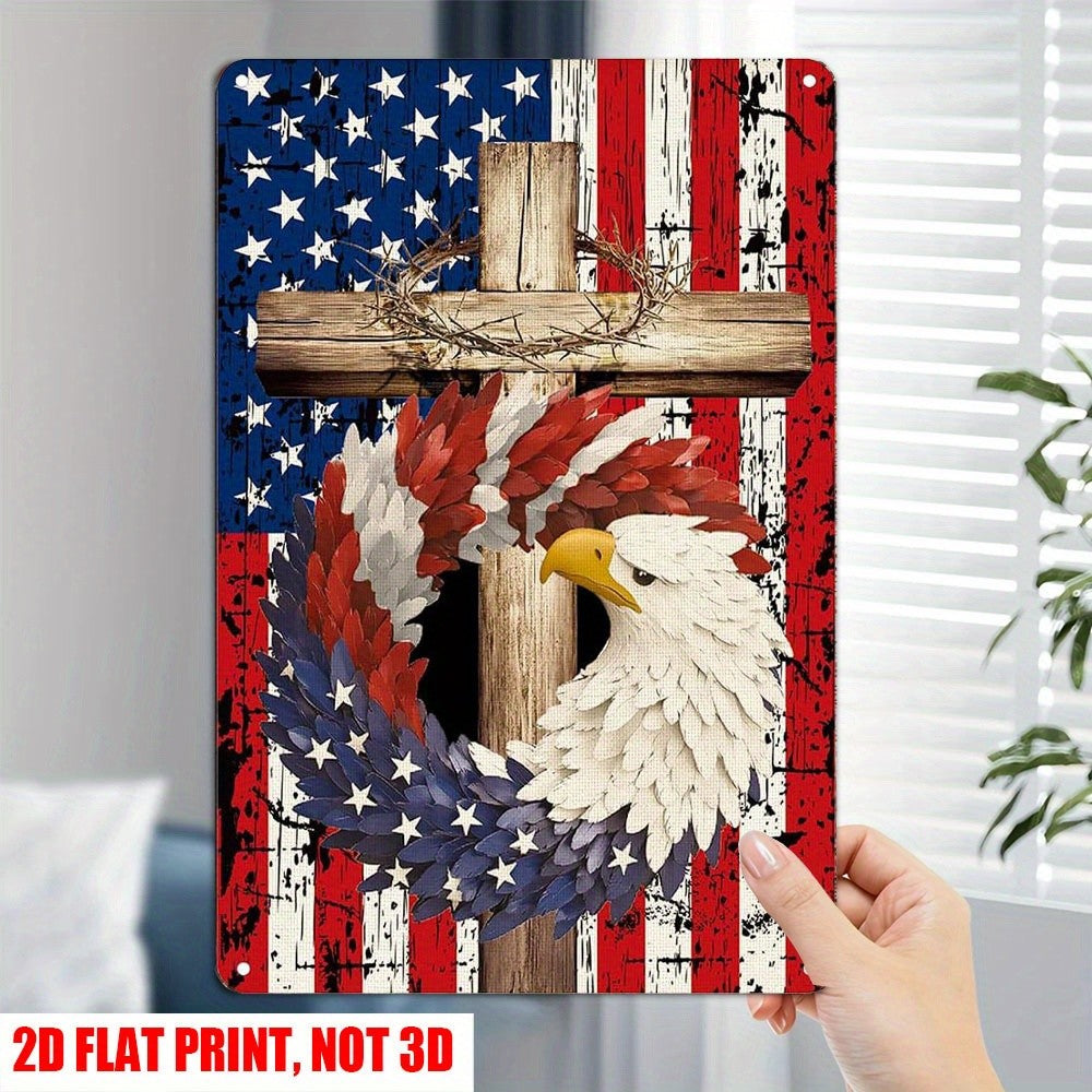 Religious American Tin Sign - Eagle Wreath Cross Metal Poster Wall Art Decor