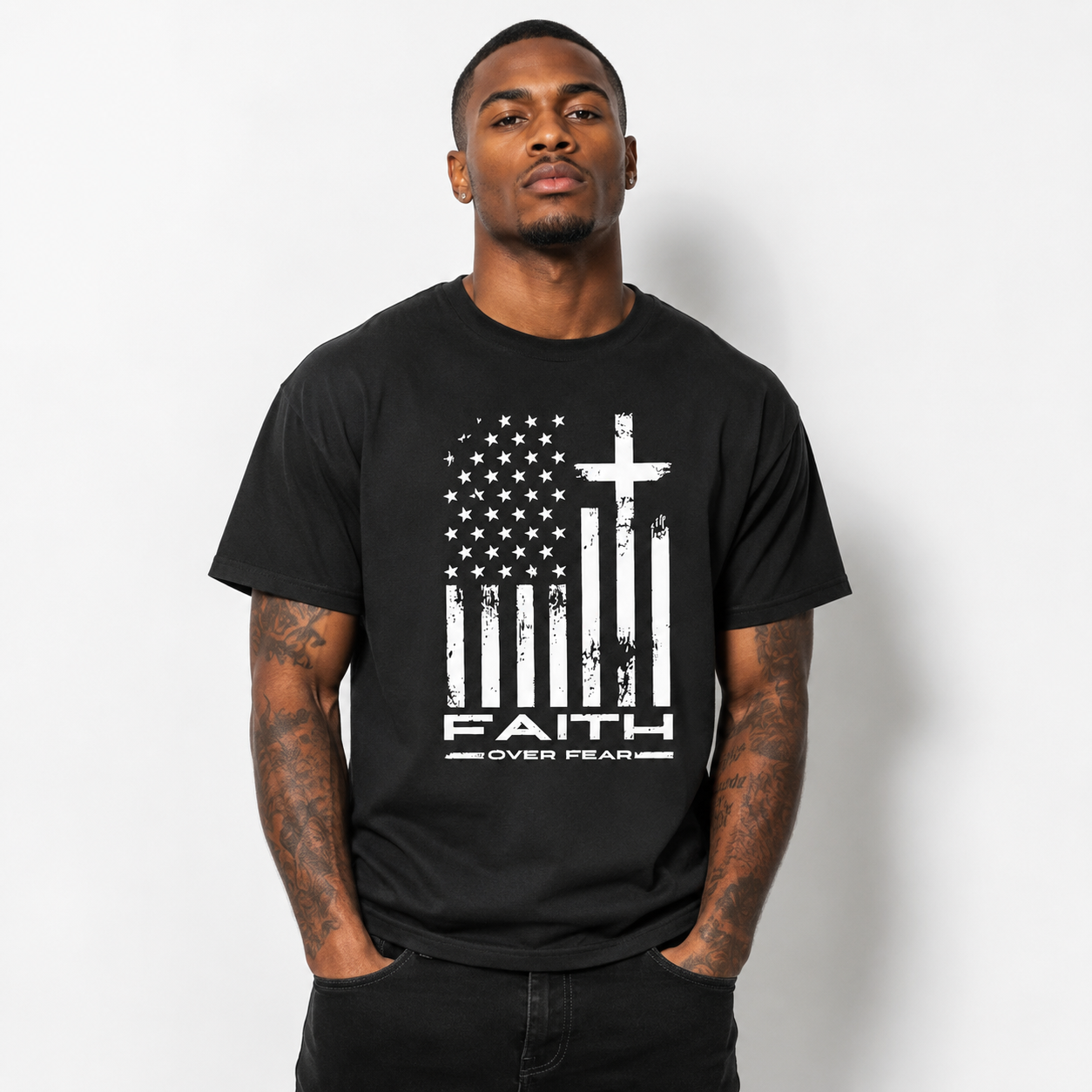Faith Over Fear American Flag Cross Graphic T-Shirt Patriotic Christian Tee