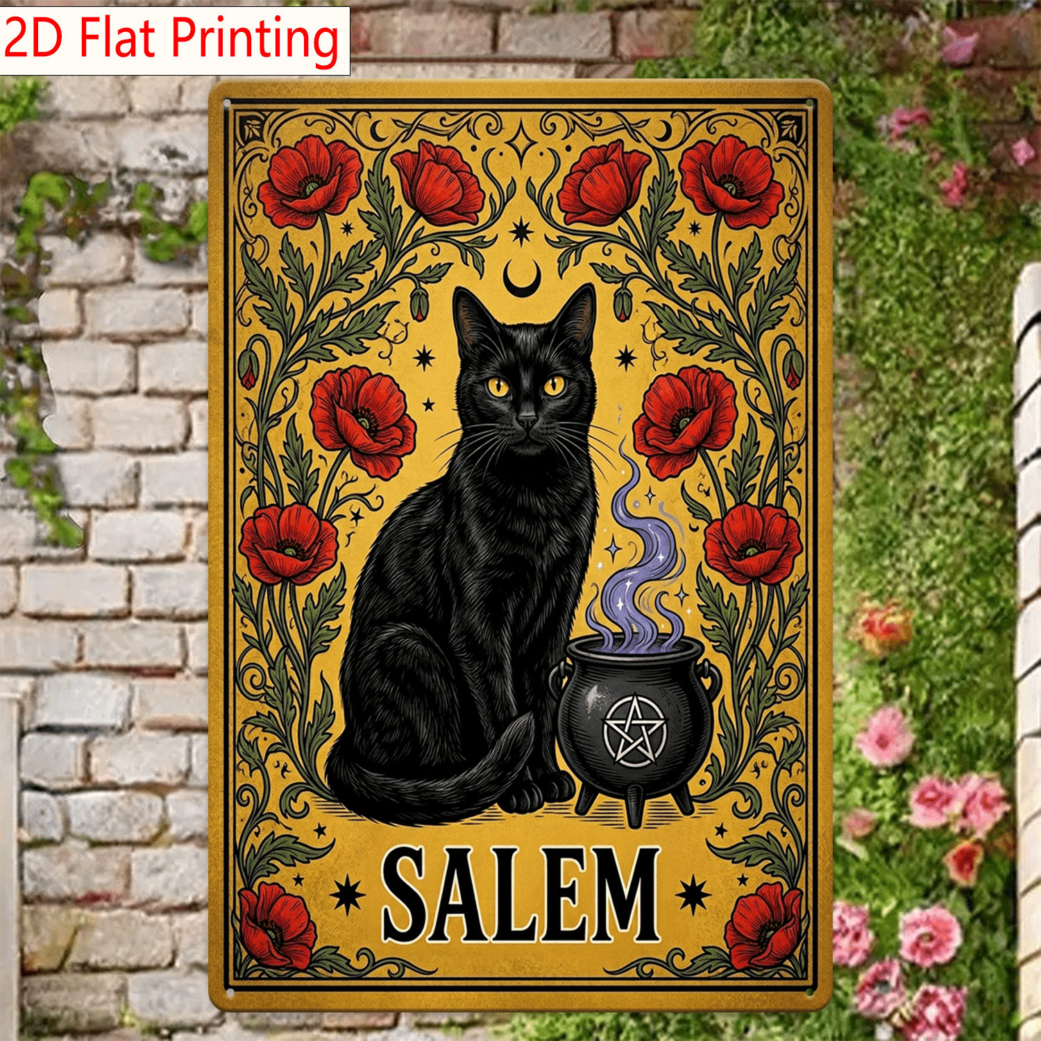 Salem Metal Sign - Black Cat Cauldron Tin Wall Art Decor Plaque