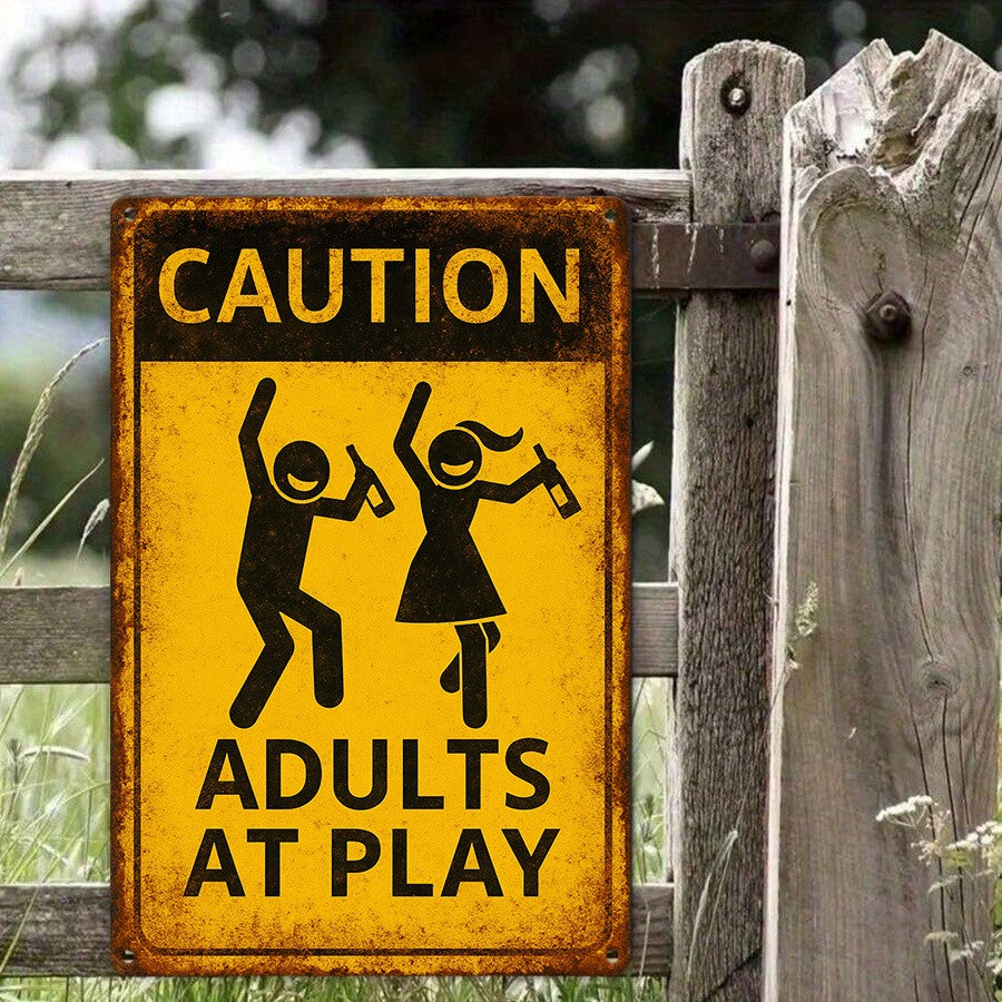 Caution Adults At Play Tin Sign Vintage Metal Funny Drinking Wall Decor Bar Gift