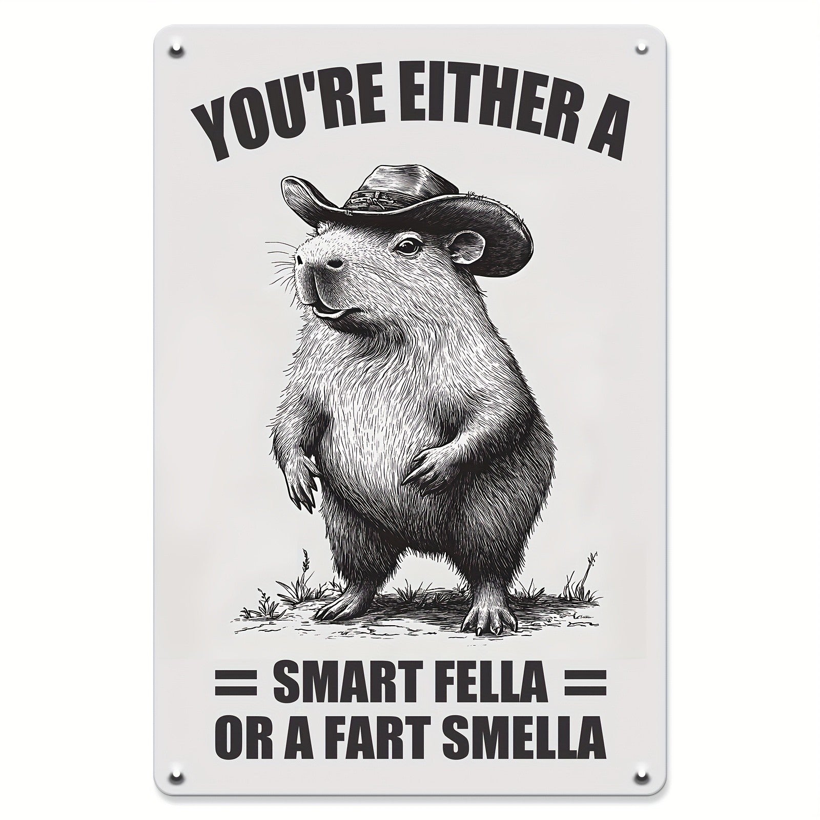 Funny Metal Tin Sign Wall Art Cowboy Capybara - 'Smart Fella Or A Fart Smella'