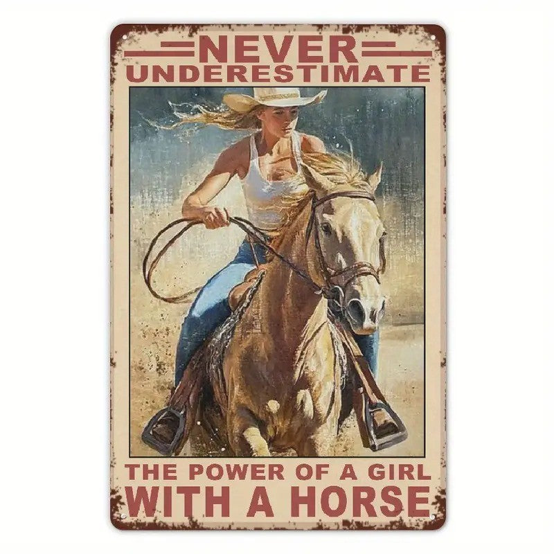 Retro Western Tin Sign Never Underestimate The Power Of A Girl With A Horse