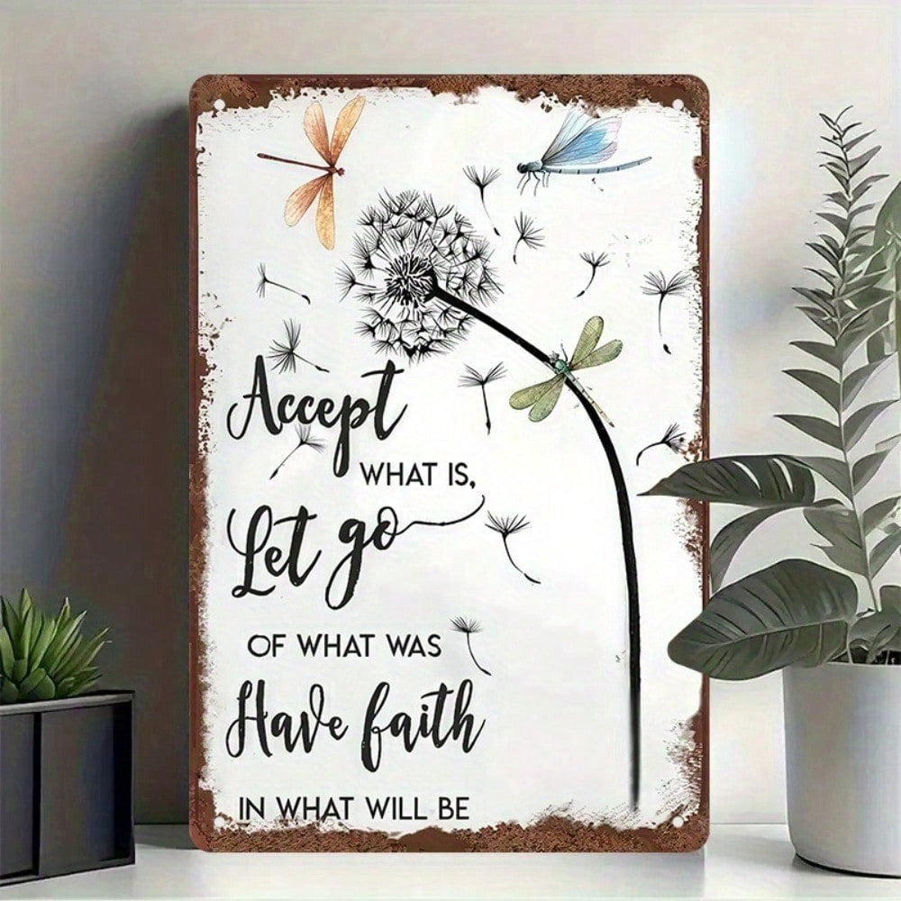 Accept What Is Let Go Tin Sign Vintage Metal Dragonfly Wall Decor Motivational