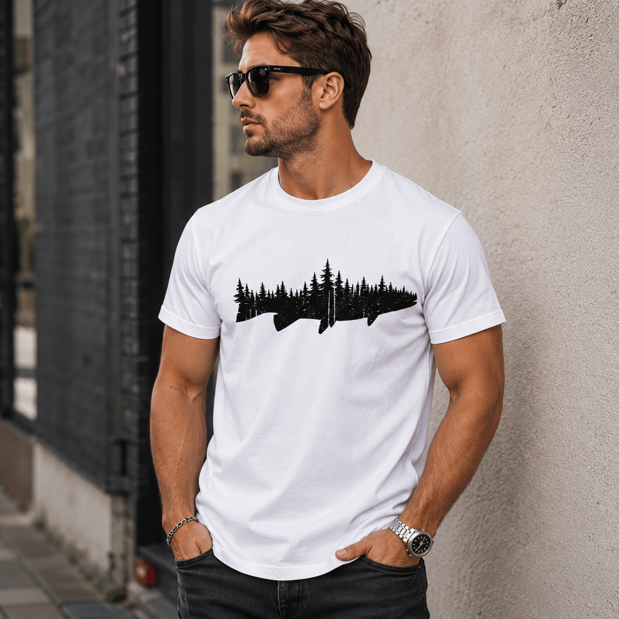 Forest Fish Silhouette Graphic Tee - Outdoor Nature Enthusiast T-Shirt