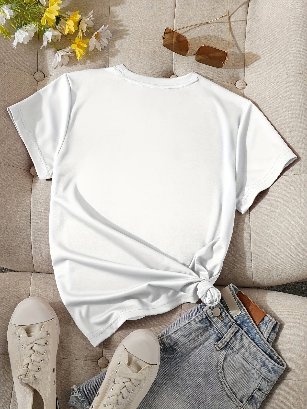 Women's Heart Print Mother's Day Graphic Crew Neck Casual Short Sleeve T-Shirt